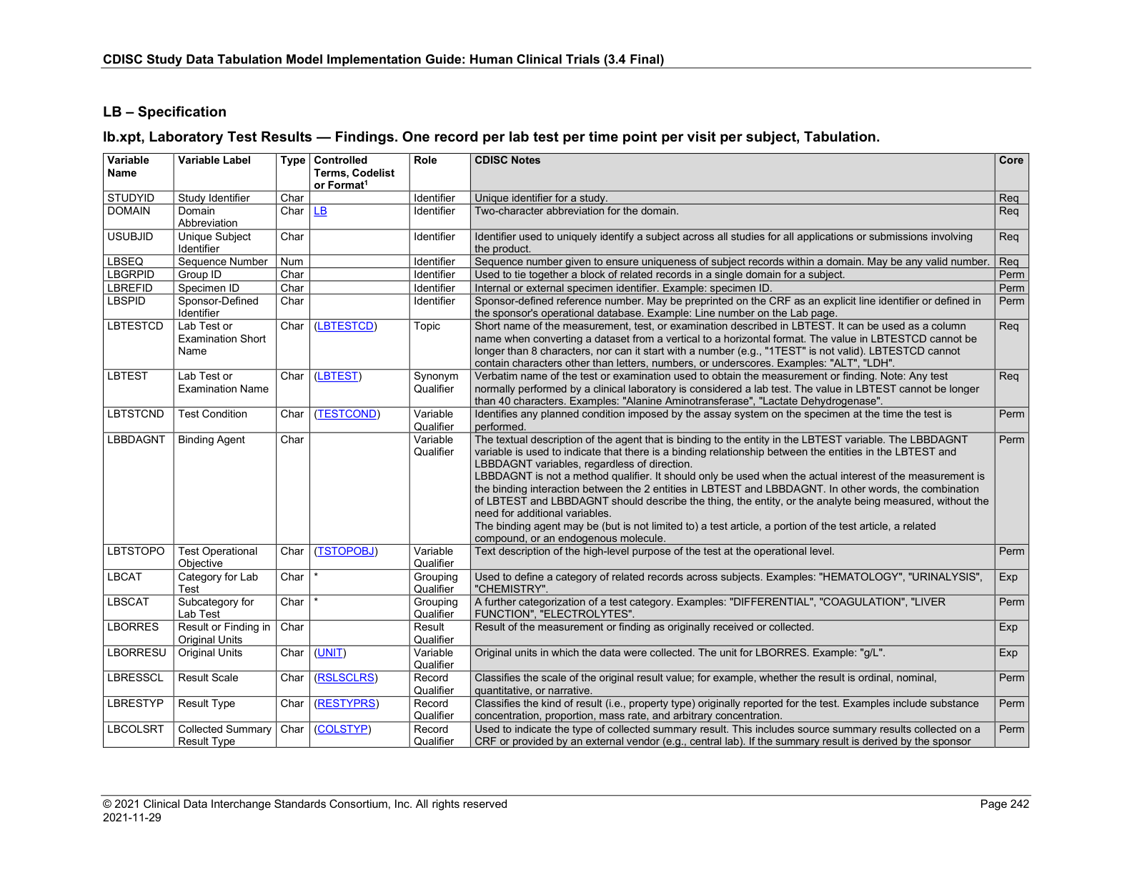 SDTMIG v3.4 page 242 LB specification