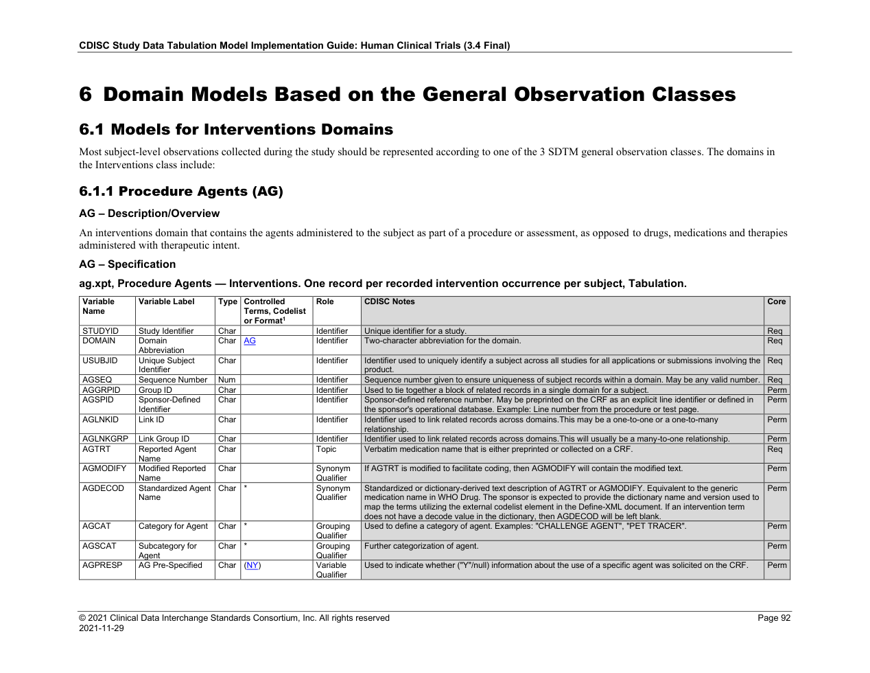 SDTMIG v3.4 page 92 AG specification
